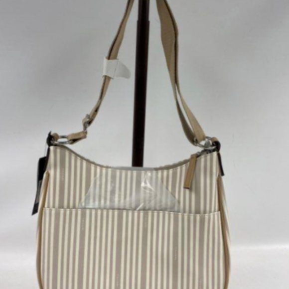 Tahari Womens Sand/Gray Striped Vegan Leather Double Handle Satchel Tote Handbag - Picture 2 of 6